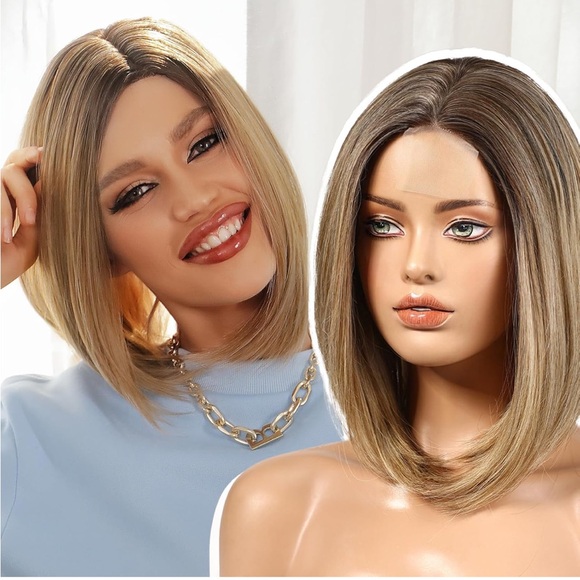 ✨ EMMOR 14” Heat-Friendly Synthetic Bob Wig – Central Lace Front Blonde Ombre - Picture 1 of 11